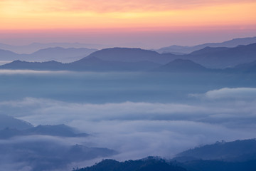 Fototapeta na wymiar Landscape of Sunrise and sea of clouds over mountains layer District Mae Hong Son, THAILAND.
