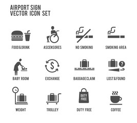 Airport Sign Direction Vector Icon Set. Included the icons as disable, lost and found, baggage calm, trolley, coffee, smoking area, duty free and more.