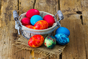 Happy Easter, colorful eggs in a basket