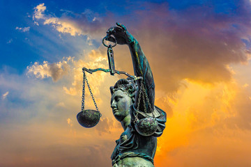 Statue of Lady Justice in front of the Romer in Frankfurt