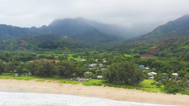 Hanalei Beach Kauai Hawaii Aerial View Looking Towards Mountain Rainforest Fog