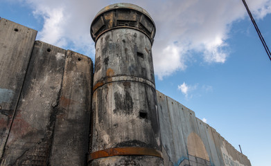 Guard tower and border wall between Israel and Palestine in Bethlehem