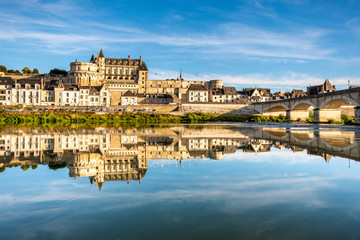 Panoramic view on the skyline of the historic city of Amboise with renaissance chateau across the river Loire. Loire valley, France.