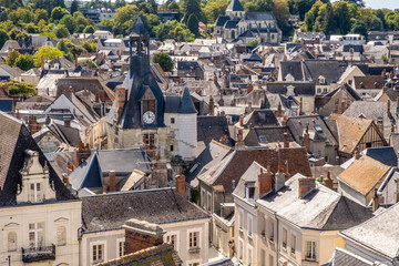 Fototapeta na wymiar Panoramic view over roofs toward historic city center of Amboise, Loire valley, France.