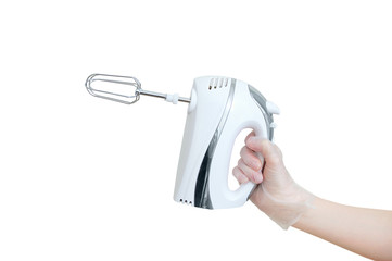 Kitchen electric mixer in hand. Household appliances for the kitchen. White isolate.