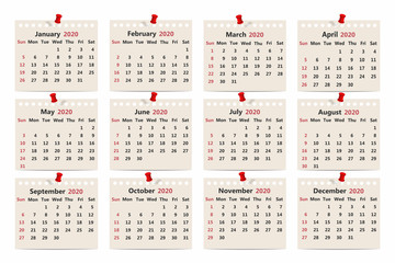Calendar 2020. Monthly calendar template on old paper. Week starts on Sunday