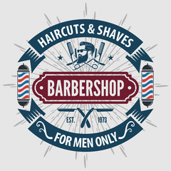 Barber shop vintage label, badge, or emblem on gray background. Vector illustration