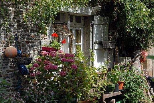 Ville de Genêts, fenêtre blanche, mur en pierre, maison bretonne entourée de plantes et fleurs, département de la Manche, France