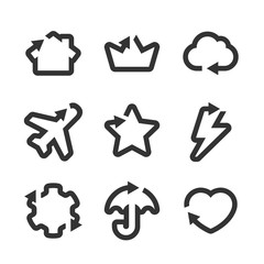 Vector figure arrow set. Basic shape direction cursor arrows with home, crown, cloud, plane, star, lightning, pinion, umbrella and heart moving pointer elements.