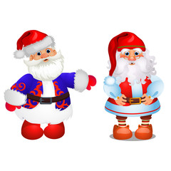 Set of animated Santa Claus in red and blue Christmas costume isolated on white background. Sample of poster, party invitation and other card. Vector cartoon close-up illustration
