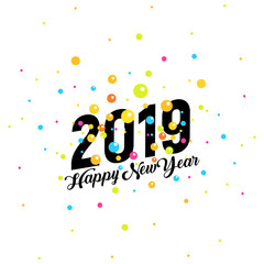 2019 Happy New Year vector banner. Colorful falling circles. Greeting card cover. Web banner with black text on white background. Vector illustration.