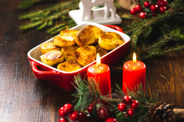 Baked vegetables on a wooden table