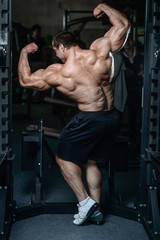 Brutal strong bodybuilder athletic muscular men pumping up muscles with dumbbells