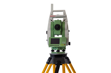 Isolated surveyor equipment (theodolite or total positioning station) with white background