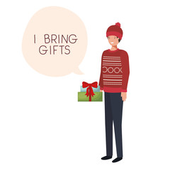 man with winter clothes and speech bubble