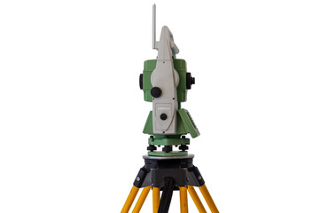 Isolated surveyor equipment (theodolite or total positioning station) with white background