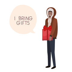 man with winter clothes and speech bubble