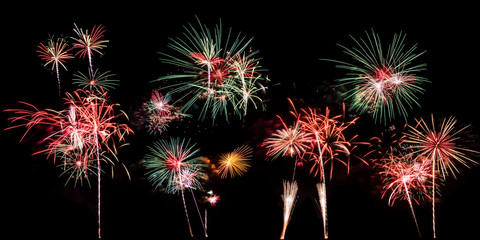 Fireworks collage isolated on black background, Firework collection on dark sky background for graphic use