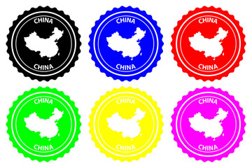 China - rubber stamp - vector, China map pattern - sticker - black, green, yellow, purple, blue and red