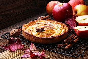 Apple tart. Gourmet traditional holiday apple pie sweet baked dessert food with cinnamon and apples...