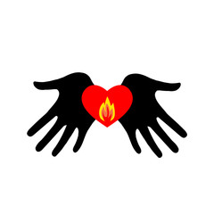 Hands holding a flaming heart. Hot love or kind donation concept. Vector illustration. Icon vector illustration with different application vector isolated on white background.