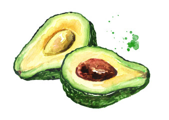 Fresh ripe slices of avocado. Watercolor hand drawn illustration isolated on white background