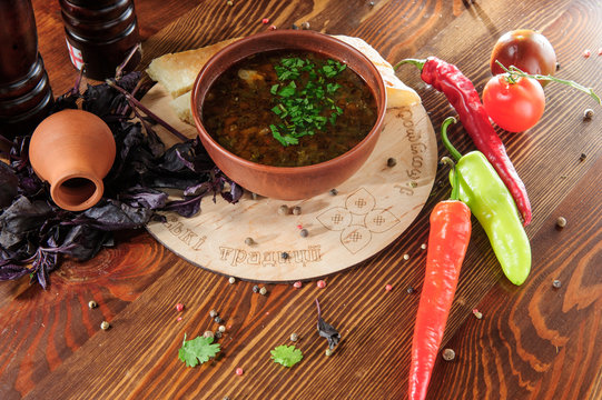 Georgian traditional spisy soup Kharcho.