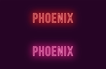 Neon name of Phoenix city in USA. Vector text