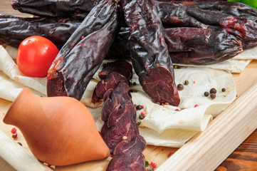 Traditional Georgian dry horse meat made snack.