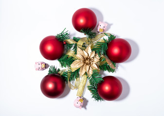 Christmas-tree decorations on a white background close-up