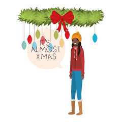 woman with winter clothes and speech bubble