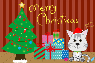 Fototapeta na wymiar Cat celebrate Christmas festival with Christmas tree and gift box