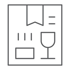 Glass thin line icon, cargo and package, fragile sign, vector graphics, a linear pattern on a white background.