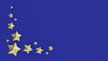 Golden Christmas stars on a blue background 3D render. Christmas background with place for your text.