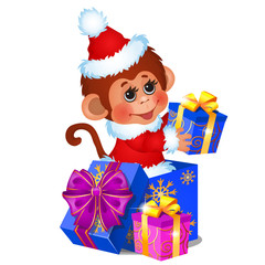 Cute monkey dressed as Santa Claus, gift boxes, ribbon bow isolated on white background. Sketch of Christmas festive poster, party invitation, other holiday card. Vector cartoon close-up illustration.