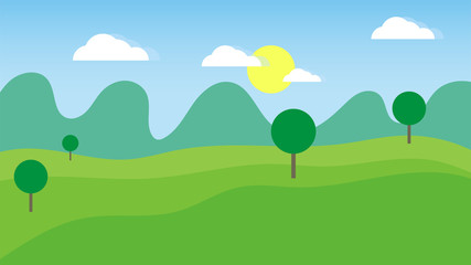 Fototapeta na wymiar Landscape with hills, mountains, clouds and sun. Scenery vector illustration.
