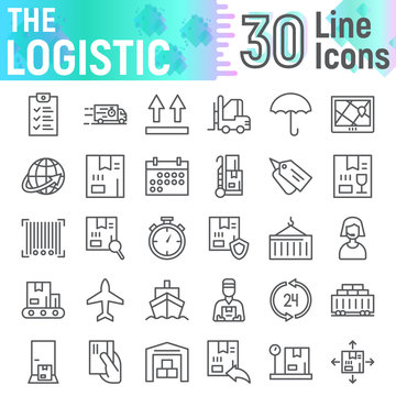 Logistic line icon set, delivery symbols collection, vector sketches, logo illustrations, shipping signs linear pictograms package isolated on white background.