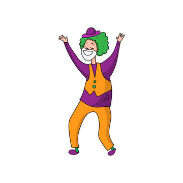 Funny clown in beautiful color clothes. Cute clown fun and entertains the audience.