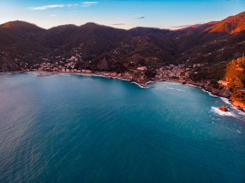 Aerial photo drone town of Portovenere near Cinque Terre, Liguria, Italy. © Parilov