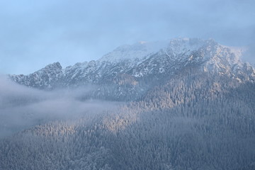 Winter Arctic settlement rural landscape -cottage resort village covered with snow misty morning houses on the rocky hills covered and mountain in the background. Majestic big nature over human