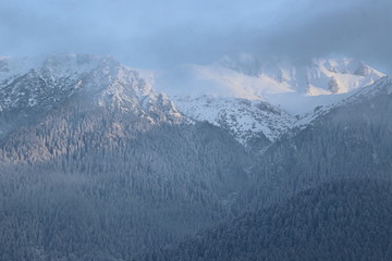 Fototapeta premium Winter Arctic settlement rural landscape -cottage resort village covered with snow misty morning houses on the rocky hills covered and mountain in the background. Majestic big nature over human