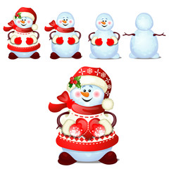 Set of cheerful snowmen with cap of Santa Claus isolated on a white background. Sketch of Christmas festive poster, party invitation, other holiday card. Vector cartoon close-up illustration.