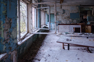 School in dead abandoned ghost town of Pripyat in Chernobyl nuclear power plant exclusion zone, Ukraine
