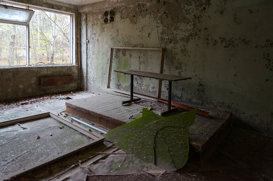School in dead abandoned ghost town Pripyat in Chernobyl nuclear power plant alienation zone, Ukraine