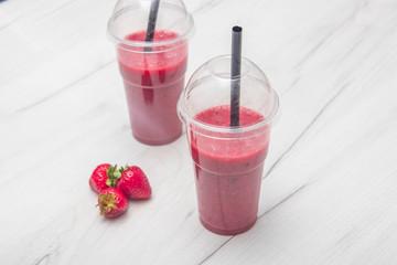 Berry smoothie. Healthy on the go breakfast, strawberry smoothie to go