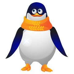 Cute paunchy penguin in a yellow knitted scarf isolated on a white background. Sketch of Christmas festive poster, party invitation, other holiday card. Vector cartoon close-up illustration.