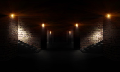 Background of empty brick wall, parking at night, neon light, stairs, rays of light, spotlight, smoke