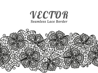 Black seamless lace border with flowers on white background