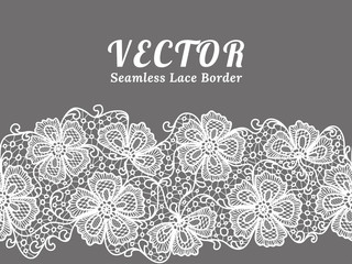 White seamless lace border with flowers on white background - obrazy, fototapety, plakaty