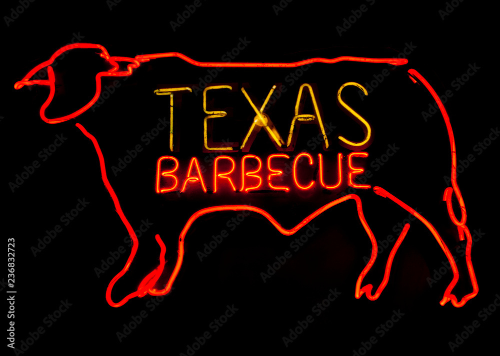 Wall mural Texas Barbecue neon with steer.